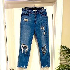 Hidden wide leg cropped Distressed Blue Jeans